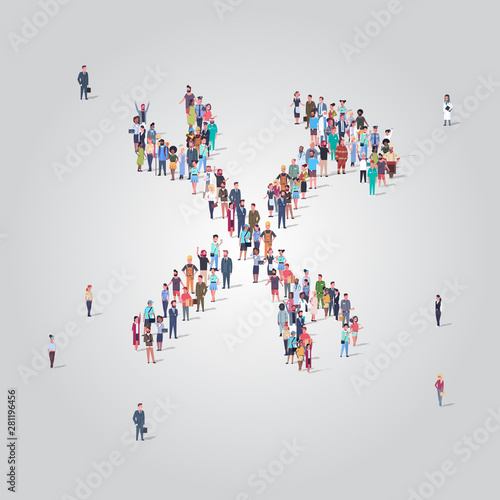 people crowd gathering in wrench and hammer shape social media community repair tools service concept different occupation employees group standing together full length