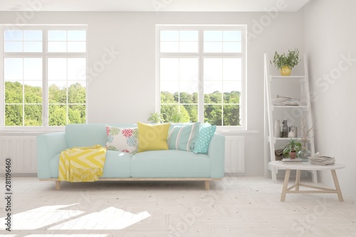 Stylish room in white color with sofa and summer landscape in window. Scandinavian interior design. 3D illustration