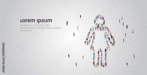 people crowd gathering in female icon shape social media community restroom girl toilet wc concept different occupation employees group standing together full length horizontal copy space