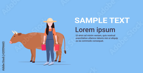 woman farmer carrying fresh milk pails domestic animal cattle eco farming breeding concept flat full length copy space horizontal