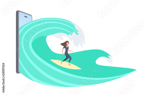 surfer girl surfing on wave young girl on surfboard summer vacation concept smartphone screen online mobile app flat full length vector illustration