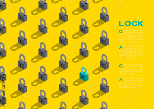 Lock 3D isometric pattern, Password unlock concept poster and banner horizontal design illustration isolated on blue background with copy space, vector eps 10