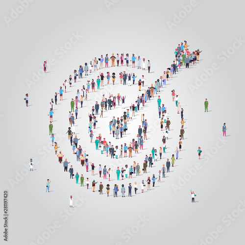 people crowd gathering in shape of target with arrow icon social media community goal competition achievement concept different occupation employees group standing together full length