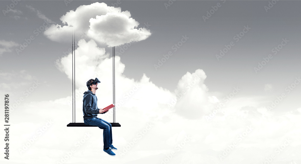 Virtual reality experience, young man in VR glasses Virtual reality experience, young man in VR glasses