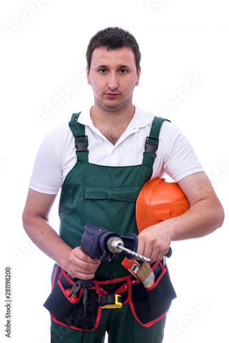Worker with drill machine and supplies isolated on white