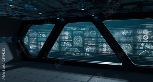 Dark spaceship interior with control panel digital screens 3D rendering
