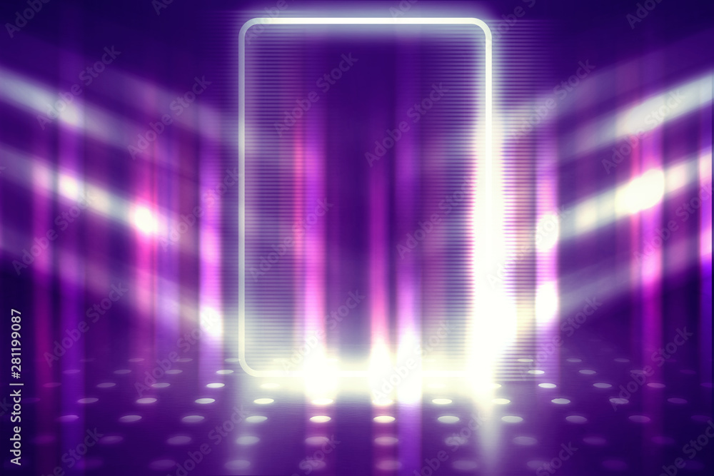 Empty background scene. Ultraviolet light, bokeh, blurred rays. Rays of neon light in the dark, neon figures, smoke. Background of empty stage show. Abstract dark background. Empty background scene. Ultraviolet light, bokeh, blurred rays. Rays of neon light in the dark, neon figures, smoke. Background of empty stage show. Abstract dark background.