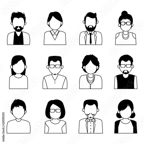 Set of people faceless characters icons in black and white