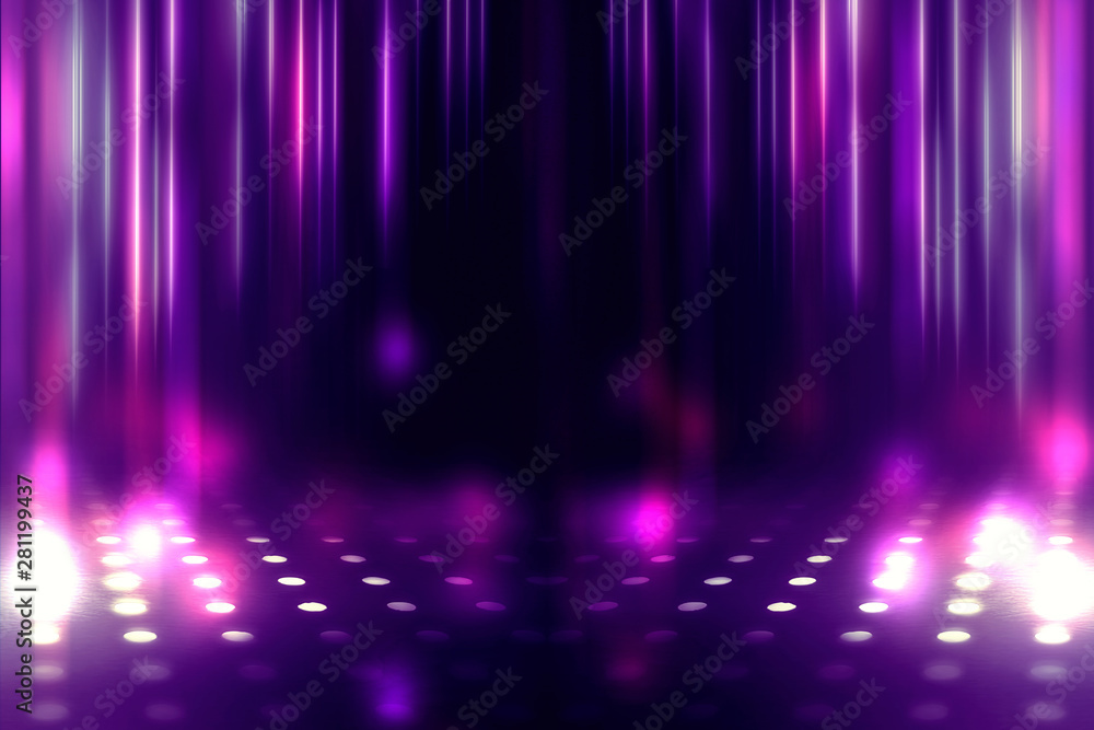 Empty background scene. Ultraviolet light, bokeh, blurred rays. Rays of neon light in the dark, neon figures, smoke. Background of empty stage show. Abstract dark background. Empty background scene. Ultraviolet light, bokeh, blurred rays. Rays of neon light in the dark, neon figures, smoke. Background of empty stage show. Abstract dark background.