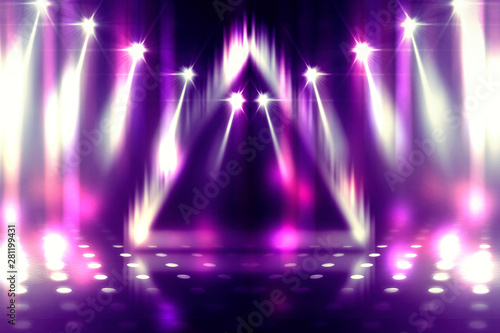 Empty background scene. Ultraviolet light, bokeh, blurred rays. Rays of neon light in the dark, neon figures, smoke. Background of empty stage show. Abstract dark background. © Laura Сrazy