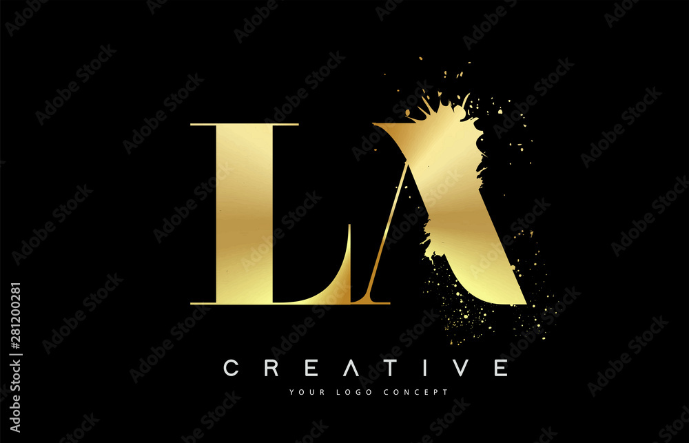 LA L A Letter Logo with Gold Melted Metal Splash Vector Design. LA L A Letter Logo with Gold Melted Metal Splash Vector Design.