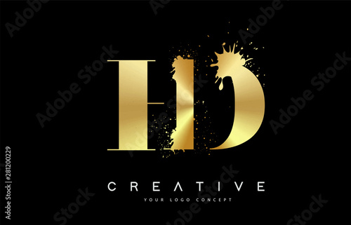 HD H D Letter Logo with Gold Melted Metal Splash Vector Design.