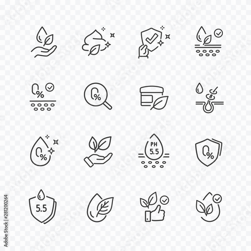Icons set of no artificial, alcohol free, neutral ph signs. Vector certified, tested organic products for skin, hair. Healthcare cosmetic cream symbols.