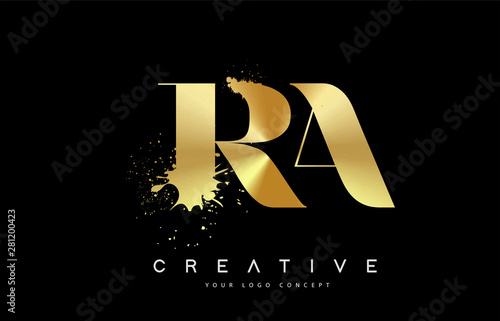 RA R A Letter Logo with Gold Melted Metal Splash Vector Design.