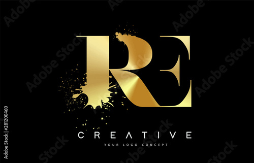 RE R E Letter Logo with Gold Melted Metal Splash Vector Design.