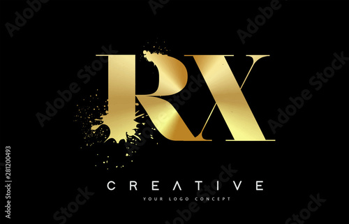 RX R X Letter Logo with Gold Melted Metal Splash Vector Design.