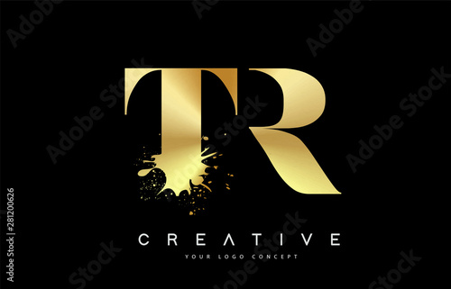 TR T R Letter Logo with Gold Melted Metal Splash Vector Design. photo