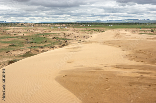 Sand in mongolian desert and some grass