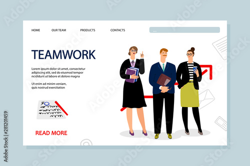 Teamwork landing page vector template with businesspeople characters