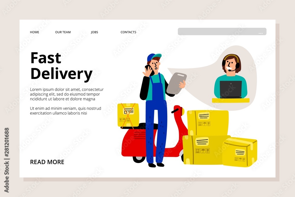 Fast delivery web page. Vector delivery service landing page. Courier and operator