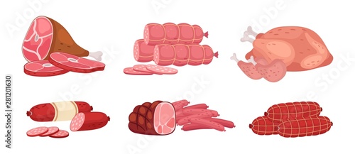 Vector meat, chicken and sausages, salami. Fresh farm meat products illustration