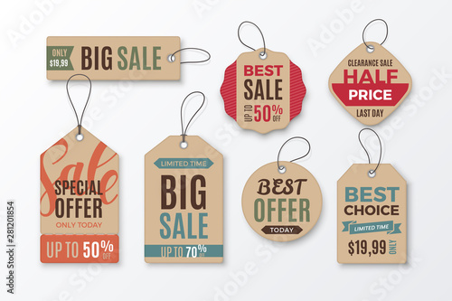 Set of cardboard sale tags with text - Big Sale, Special Offer, Half Price, Best Choice. Vector vintage labels for design of promotional banners and discount flyers. Isolated from background.