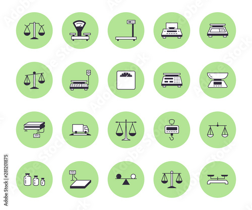 Balance flat line icons set. Weight measurement tools, diet scales, trade, electronic, industrial scale calibration vector illustrations. Thin sign justice concept