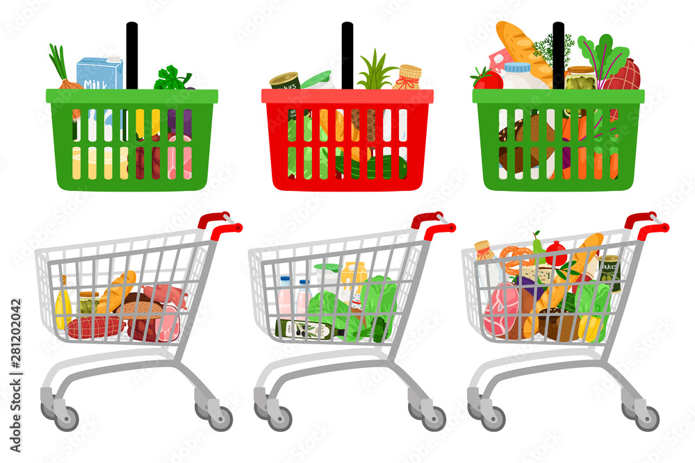 Grocery shopping cart and basket. Vector cartoon supermarket customer  shopping trolley with groceries food isolated on white background Stock  Vector | Adobe Stock