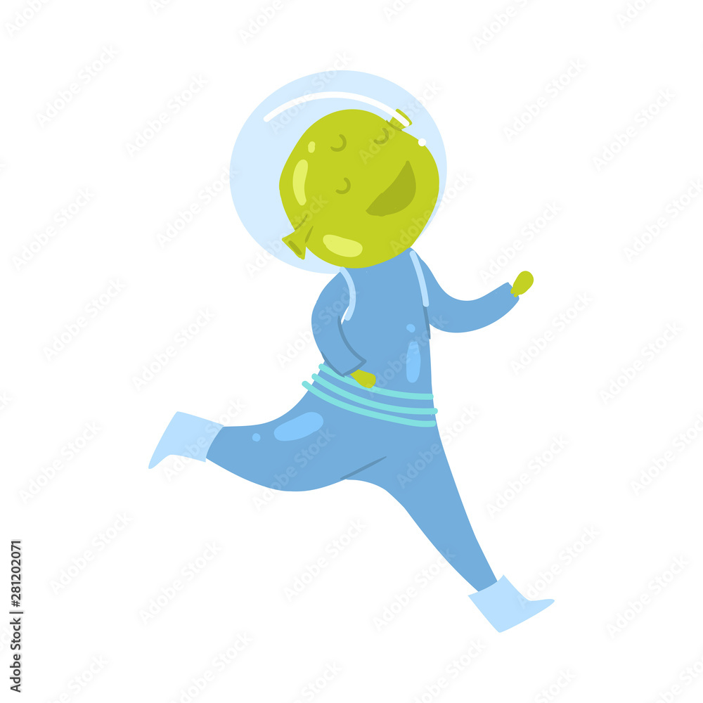 Fototapeta premium Cute and happy green alien in blue spacesuit running