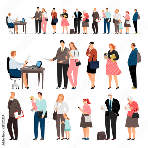 Long queue. Line of waiting people with children on reception or cashier and man at desk, vector illustration