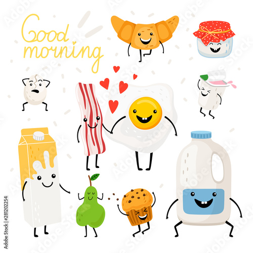 Breakfast food items, happy smiling cartoon diary products, bread amd fruit characters on white background, vector illustration