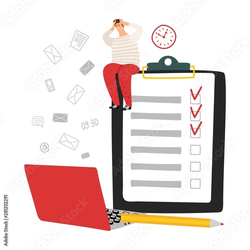 Deadline concept. Overworked tired man and to do list vector illustration
