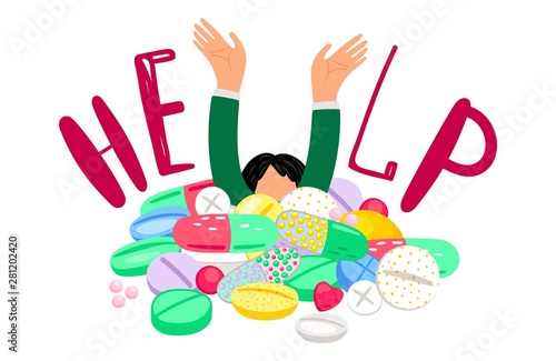 Drugs addiction. Girl drowns in pills and asks for help illustration. Vector pills, pharmacology