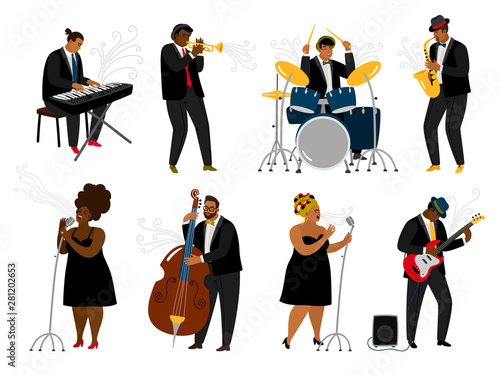 Cartoon jazz band musicians on white. Musical player with music instruments and singing women characters on rehearsal, piano and saxsophone, trumpet and drums people, vector illustration