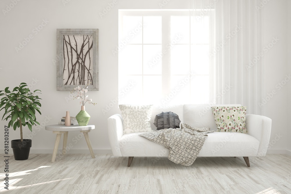 Fototapeta premium Stylish room in white color with sofa. Scandinavian interior design. 3D illustration