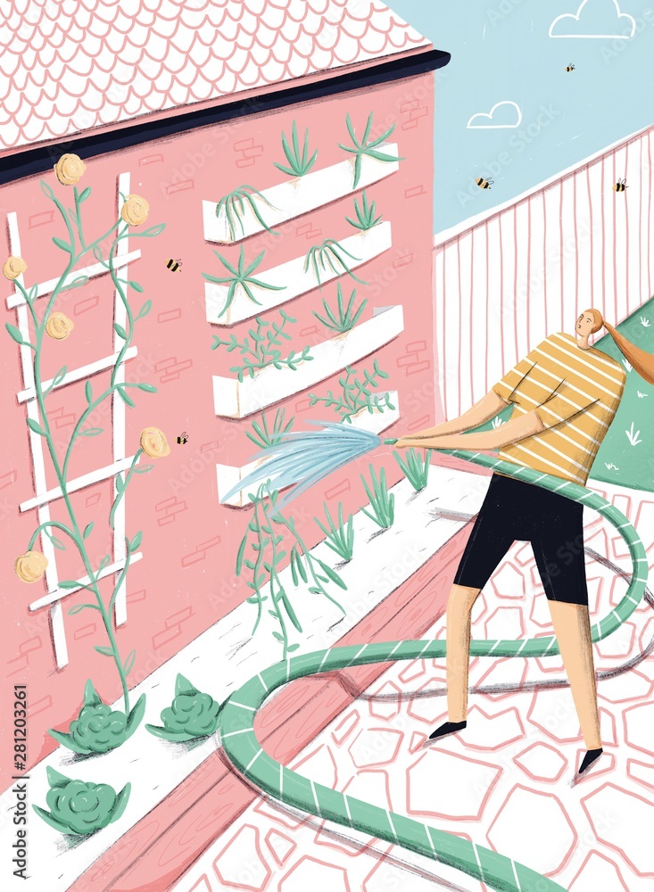 © Rachael Presky - Illustration of woman watering plants © Rachael Presky - Illustration of woman watering plants