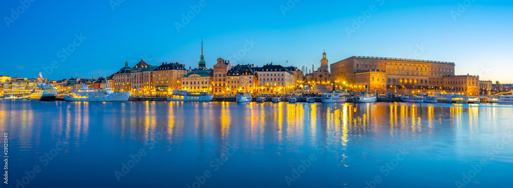 Panorama view of Gamla Stan at night in Stockholm city, Sweden