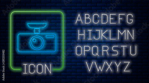 Glowing neon Car DVR icon isolated on brick wall background. Car digital video recorder icon. Neon light alphabet. Vector Illustration