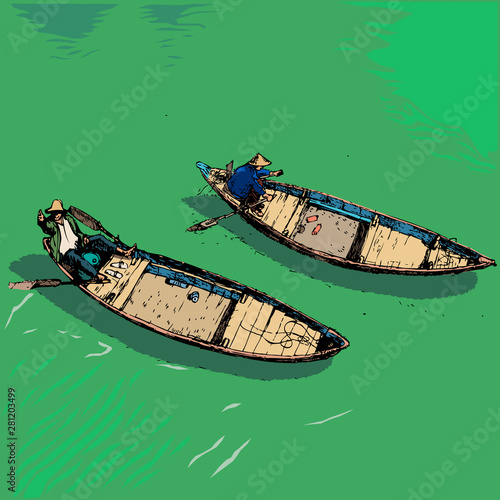 boats on river, Vietnam, color vector illustration