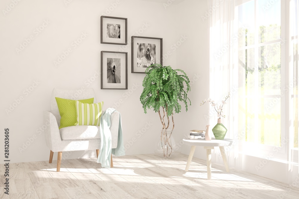Fototapeta premium Stylish room in white color with armchair. Scandinavian interior design. 3D illustration