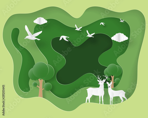 Ecology and environmental background concept. Love couple deer in forest in paper cut style. Vector illustration. Wallpaper, backdrop, poster, banner, cover, template.