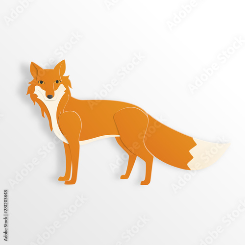 Fox character in paper cut style on  white background. Vector illustration. Digital craft paper art.