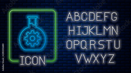 Glowing neon Bioengineering icon isolated on brick wall background. Element of genetics and bioengineering icon. Biology, molecule, chemical icon. Neon light alphabet. Vector Illustration