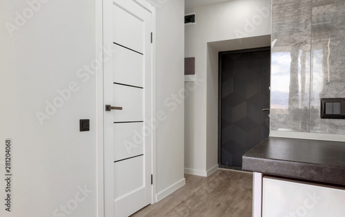 Interior of new empty apartment  long home corridor with parquet floor  white wall and doors  copy space. Entrance corridor