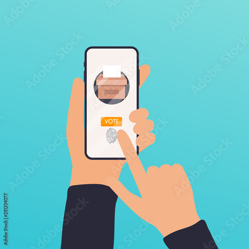 Hand holding smartphone with voting app on the screen. Communication Systems and Technologies.