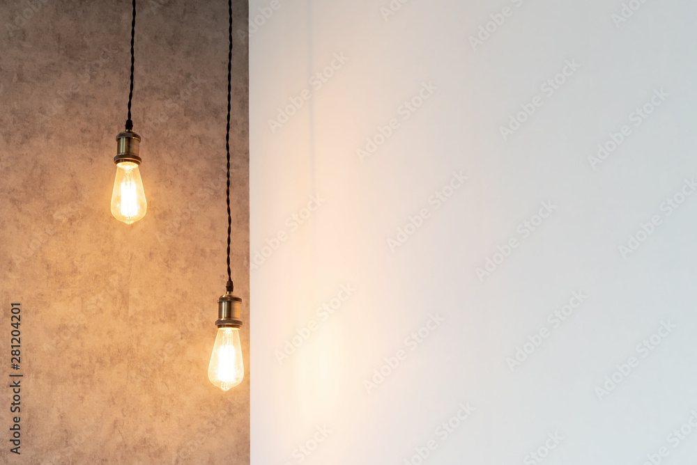 Wall with bulb light lamps in modern interior, copy space Wall with bulb light lamps in modern interior, copy space