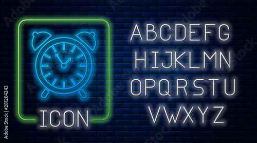 Glowing neon Alarm clock icon isolated on brick wall background. Wake up, get up concept. Time sign. Neon light alphabet. Vector Illustration
