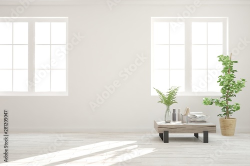 Empty room in white color with table and green flower. Scandinavian interior design. 3D illustration