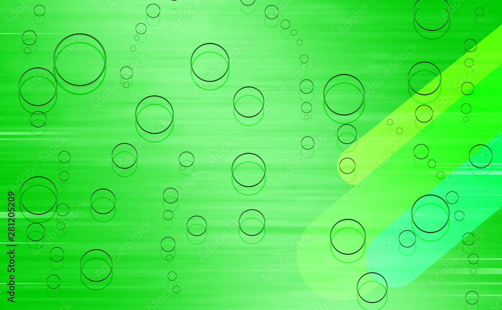 Three stripes of different shades of green on a green blurry background dotted with circles of different sizes.