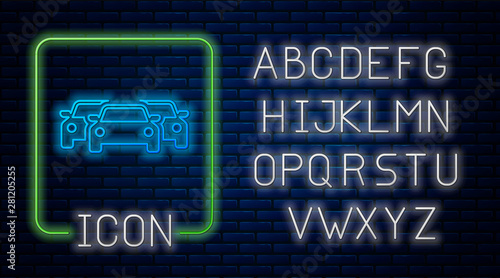 Glowing neon Cars icon isolated on brick wall background. Neon light alphabet. Vector Illustration